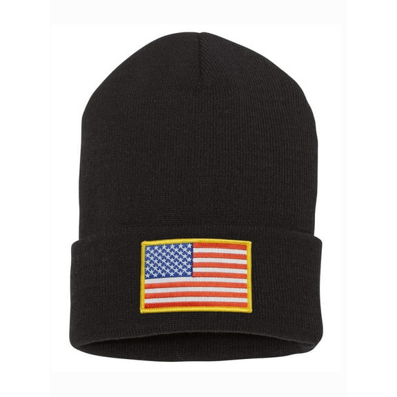 Top Headwear USA Flag Beanie - Men's Womens America Patriotic Long Winter Cuff Beanie Cap, Black