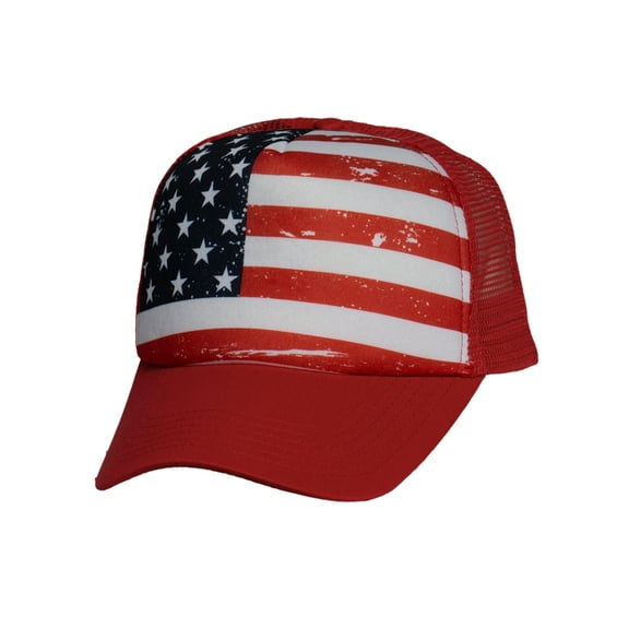 American Flag Trucker Hat Vintage USA Mesh Snapback Cap for Men Women, Red
