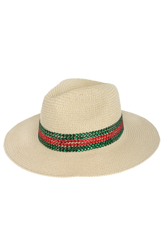 Top Headwear Wide Brim Paper Panama Hat w/ Red and Green Rhinestone Stripe - Beige
