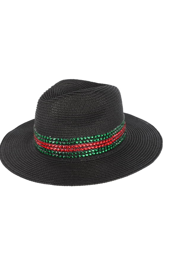 Top Headwear Wide Brim Paper Panama Hat w/ Red and Green Rhinestone Stripe - Black