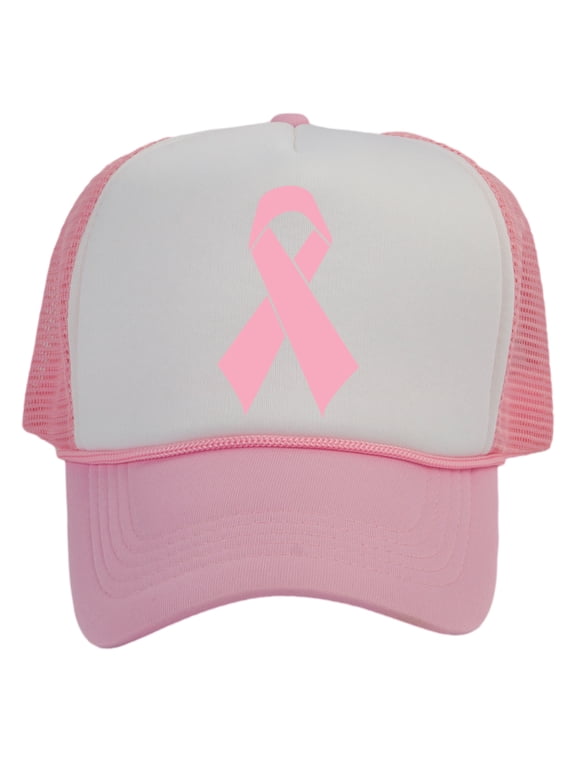 Top Headwear Women's Breast Cancer Hat - Pink Ribbon Awareness Trucker Cap, White Pink