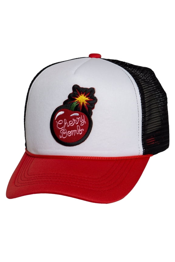 Top Headwear Women's Cherry Bomb Trucker Hat - Mesh Snapback Cap, White/Red