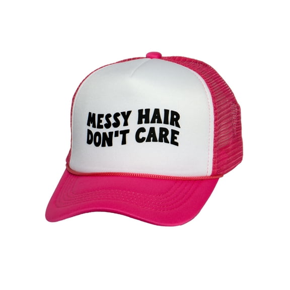 Top Headwear Women's Messy Hair Don't Care Trucker Hat - Mesh Snapback Cap, White/Pink