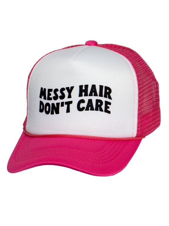 Top Headwear Women's Messy Hair Don't Care Trucker Hat - Mesh Snapback Cap, White/Pink