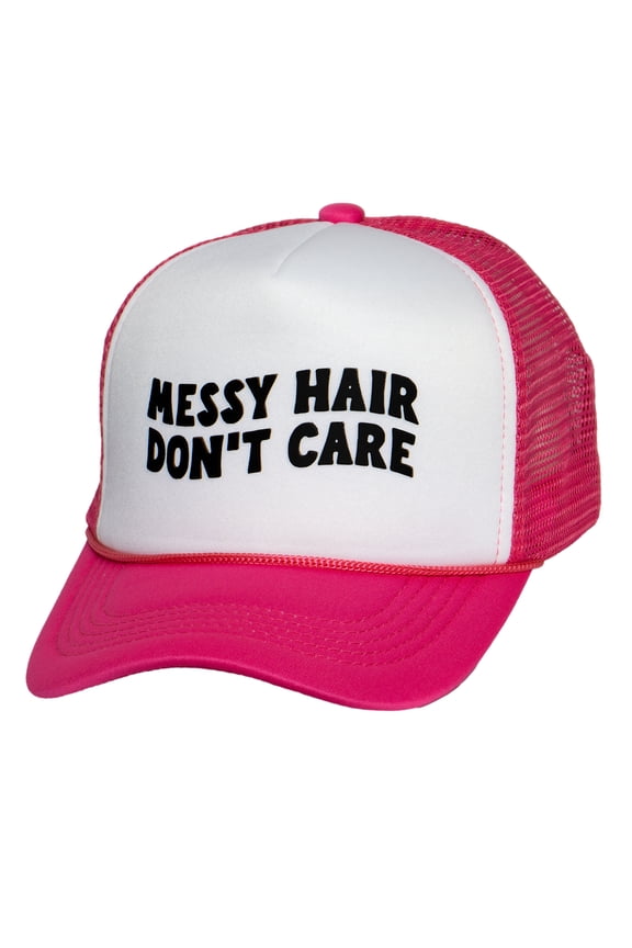 Top Headwear Women's Messy Hair Don't Care Trucker Hat - Mesh Snapback Cap, White/Pink