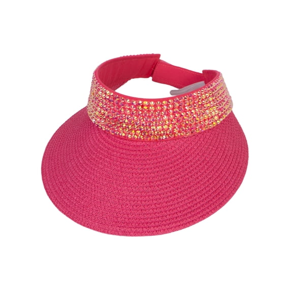 Top Headwear Women's Paper Braid 4 Inch Brim Sun Visor w/ Rhinestone - Fuchsia