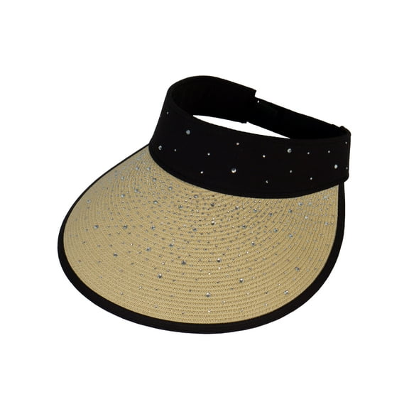 Top Headwear Women's Studded Visor - Paper Braid Crystal Hat 5 Inch Wide Brim, Beige