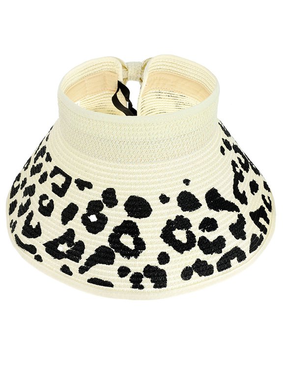 Top Headwear Womens Animal Print Foldable Leopard Print Straw Visor - White