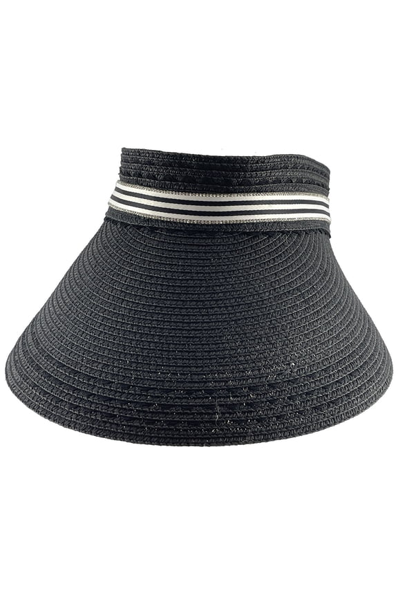 Top Headwear Womens Straw Wide Brim Black Stripe Summer Sun Hat - Black
