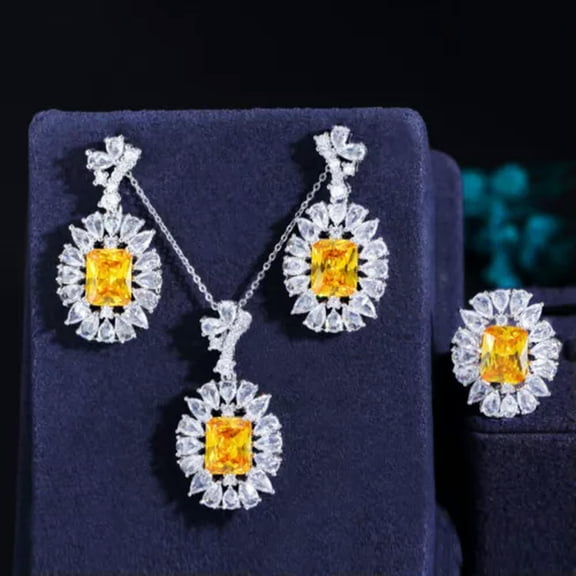 Top Hot CZ Big Square Drop Cluster Pendent Necklace Earrings Ring Jewelry Set
