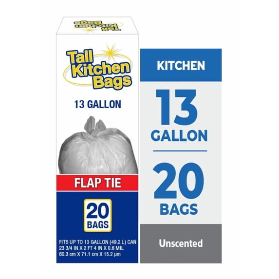 Top Job Basic Kitchen Trash Bags, 13 Gallon, 20 Bags (Flap Tie)
