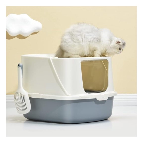 -Top Jumbo Cat Litter Box with , Front Entry and Top Exit, White&Gray