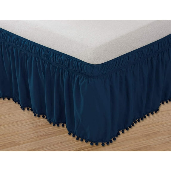 Top Knot Tassle PomPom Fringe Ruffle Bed Skirt Wrap 16inch Drop TwinFull Navy Blue