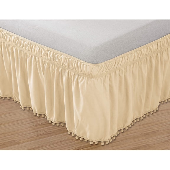 Top-Knot Tassle Pompom Fringe Ruffle Skirt Around Style Elastic Bed Wrap- Wrinkle Resistant 16 inch Drop, Twin/Full, Beige