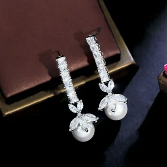 Top Leaf CZ Long Dangling Drop Pearl Earrings Silver Plated Jewelry Accessories