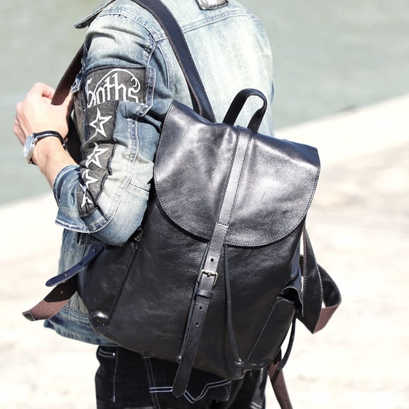 Top Leather Backpack Large Capacity,Black