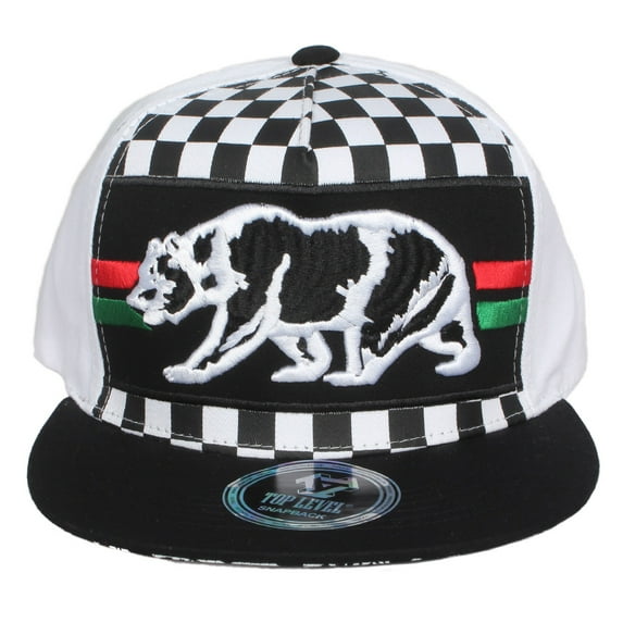 Top Level Men's Checkered Embroidered California Bear Hat Cap White Black OS
