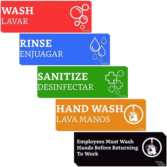 Top Line Test Strips Wash Rinse Sanitize Sink Labels Hand Wash Labels & Signs, Set of 2