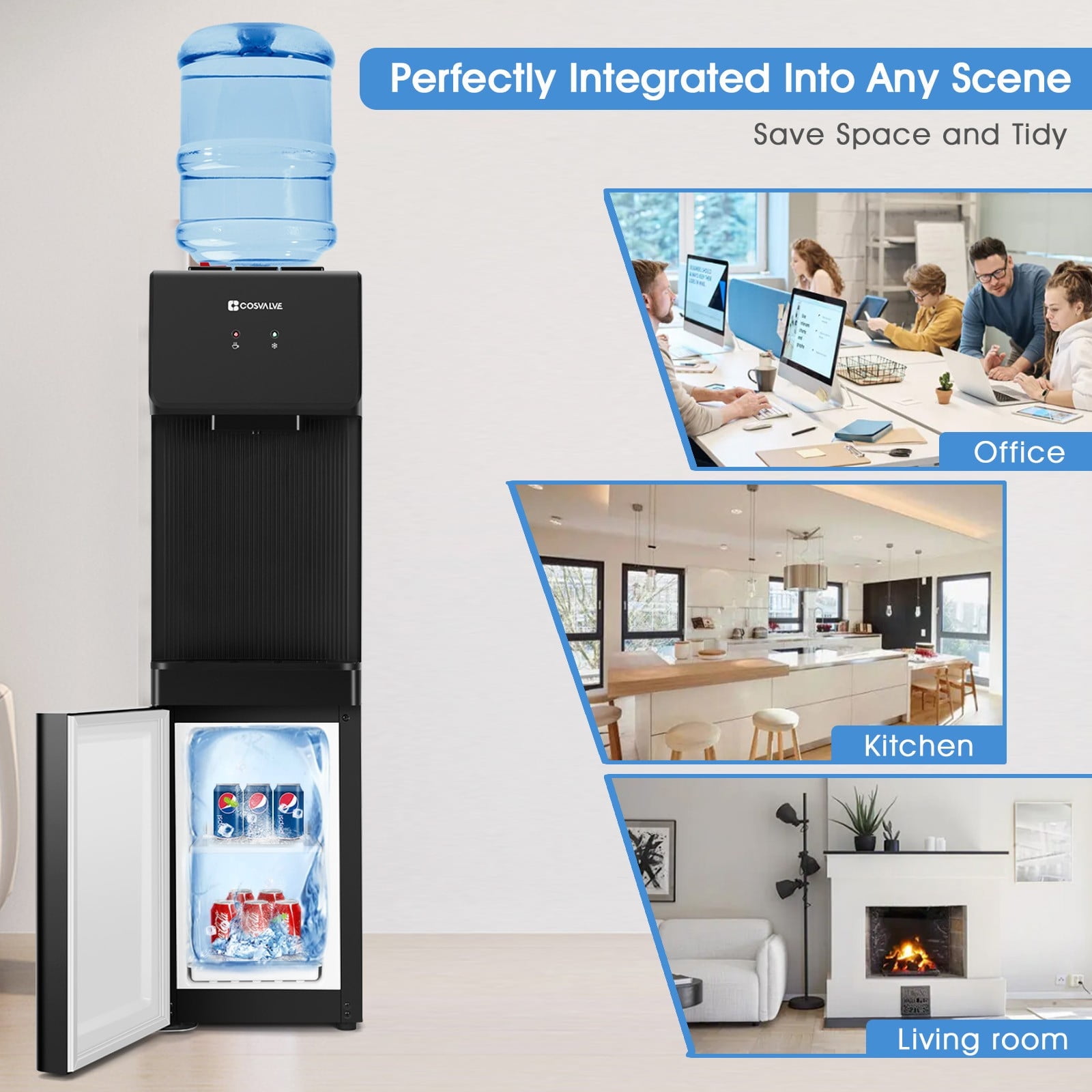Top Loading 5 Gallon Hot/Cold Water Cooler Dispenser Compressor Refrigeration with Freezer Cabinet,Child Safety Lock(Black)