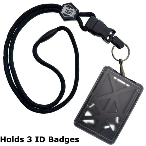 Top Loading THREE ID Card Badge Holder with Heavy Duty Lanyard w/ Detachable Metal Clip and Key Ring by Specialist ID, Sold Individually (One Holder / 3 Cards Inside) (Black)