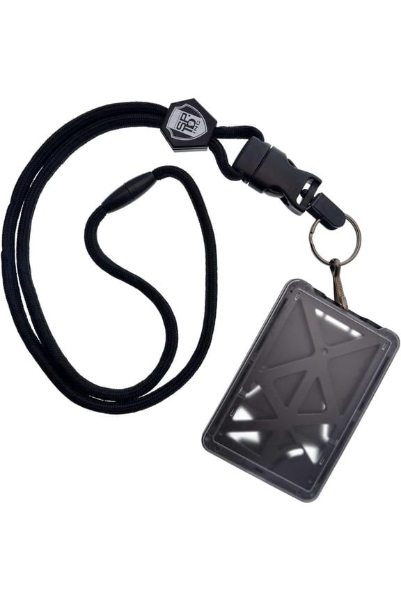 Vertical Top Load Three Card Badge Holder - Hard Plastic with Heavy Duty Breakaway Lanyard w Quick Release Metal Clip & Key Ring (One Holder / 3 Cards Inside) (Black)