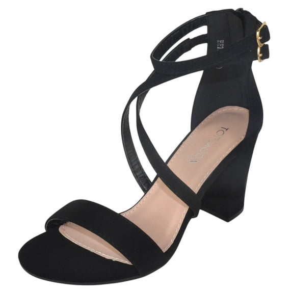 Top MODA Shoes Women Chunky Block High Heels Open Toe Criss-Cross Double Ankle Strap Back Zipper BETH-8 Black Nubuck Suede 6.5