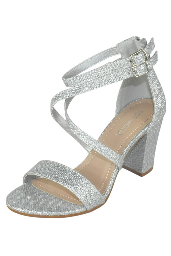 Shoes Women Chunky Block High Heels Open Toe Criss-Cross Double Ankle Strap Back Zipper BETH-8 Silver Shimmer Glitter 8