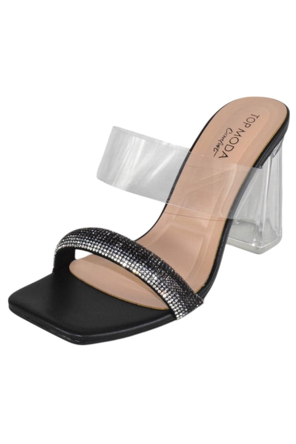 Shoes Women Clear Block Mule High Heels Square-Toe Sandals Strap Bling Rhinestone VENICE-1 Black 7