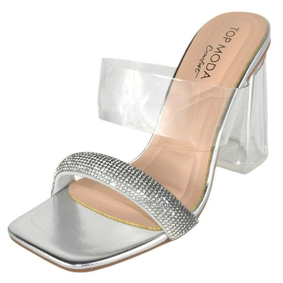 Top MODA Shoes Women Clear Block Mule High Heels Square-Toe Sandals Strap Bling Rhinestone VENICE-1 Silver 6.5