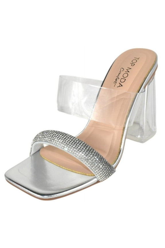 Shoes Women Clear Block Mule High Heels Square-Toe Sandals Strap Bling Rhinestone VENICE-1 Silver 7