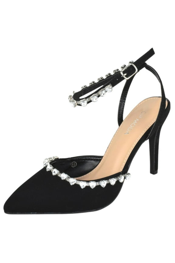 Shoes Women Stiletto High Heels Pointed-Toe Ankle Strap Bling Rhinestone PARSON-3 Black Nubcuk Suede 10