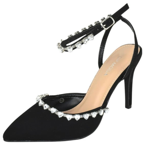Top MODA Shoes Women Stiletto High Heels Pointed-Toe Ankle Strap Bling Rhinestone PARSON-3 Black Nubcuk Suede 9