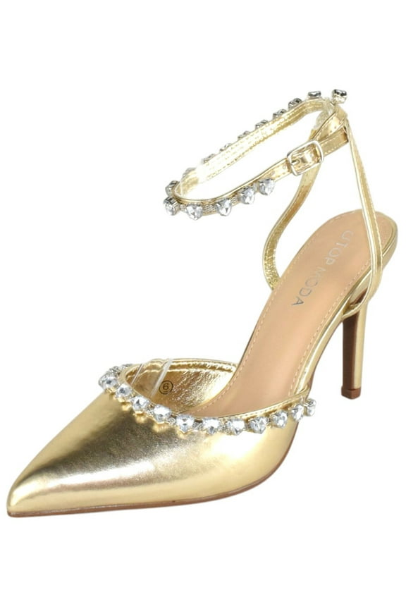 Shoes Women Stiletto High Heels Pointed-Toe Ankle Strap Bling Rhinestone PARSON-3 Gold Metallic 9