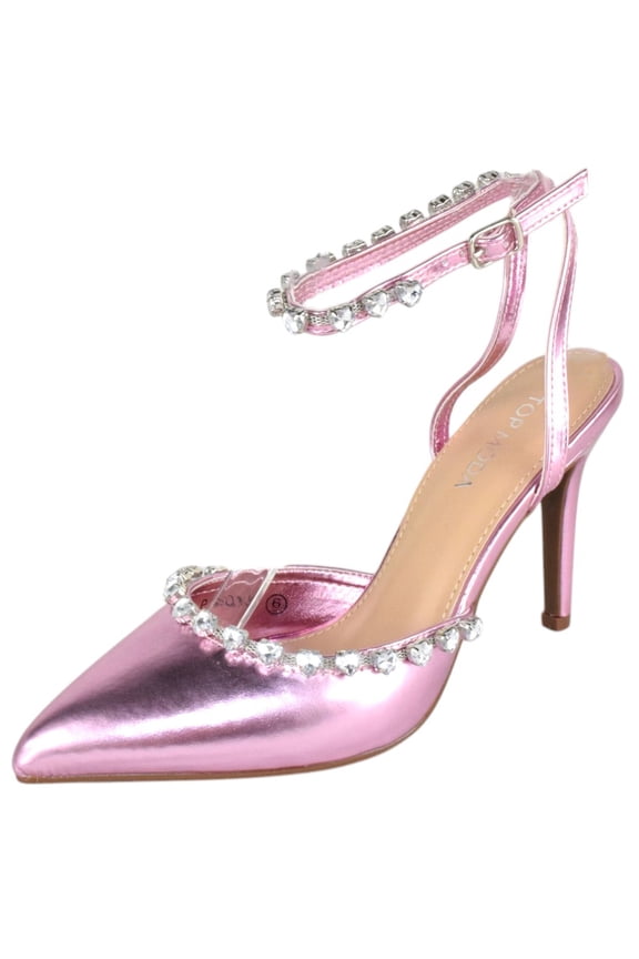Shoes Women Stiletto High Heels Pointed-Toe Ankle Strap Bling Rhinestone PARSON-3 Pink Metallic 8