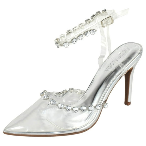 Top MODA Shoes Women Stiletto High Heels Pointed-Toe Ankle Strap Bling Rhinestone PARSON-3 Silver Metallic / Clear See-Through 10