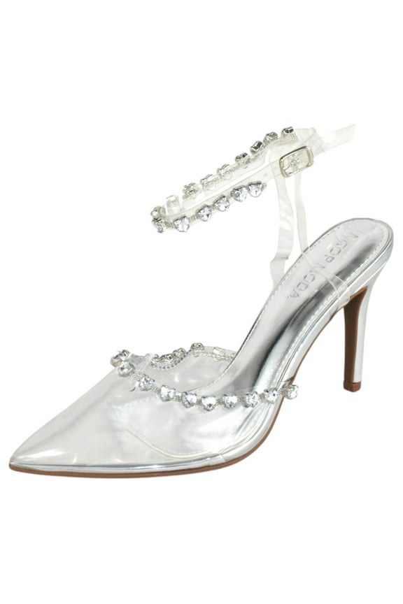Shoes Women Stiletto High Heels Pointed-Toe Ankle Strap Bling Rhinestone PARSON-3 Silver Metallic / Clear See-Through 9