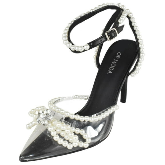 Top MODA Shoes Women Stiletto High Heels Pointed-Toe Ankle Strap Bling Rhinestone Pearl PARSON-25 Black / Clear See-Through 6.5