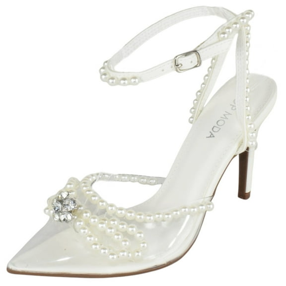 Top MODA Shoes Women Stiletto High Heels Pointed-Toe Ankle Strap Bling Rhinestone Pearl PARSON-25 White / Clear See-Through 8