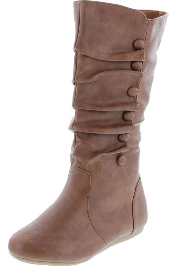 Bank-78 Womens Mid Calf Round Toe Stiching Flat Boots