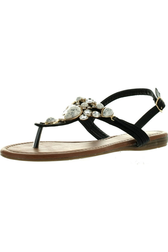 CB-6 Womens T-Strap Slim Strap Gemstone Buckle Flats Sandals