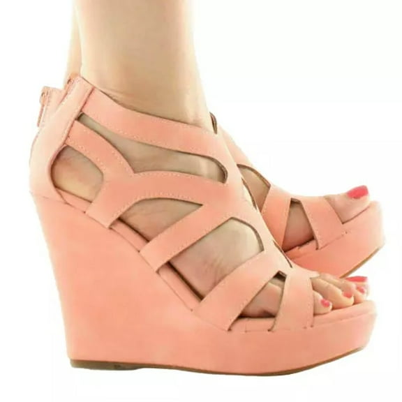 Top Moda Ella-15 Womens Fashion Gladiator Platform Heel Wedge Faux Suede Sandals Coral 6
