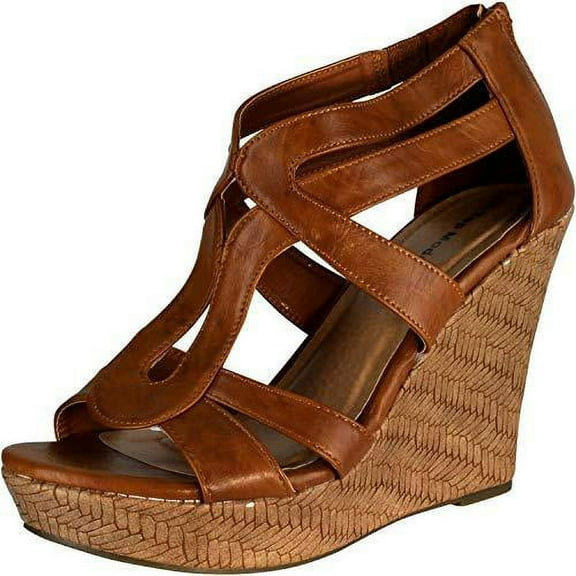 Top Moda Lindy-1 Women's Wedged Strappy Gladiator Ladies Sandals Shoes TAN 8.5