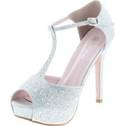 Top Moda Meadow-1 Womens Rhinestone T-Strap Stiletto Heel Glittery Platform Pumps