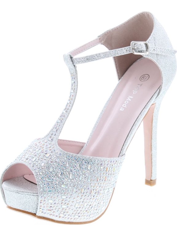 Meadow-1 Women's Rhinestone T-Strap Stiletto Heel Glittery Platform Pumps