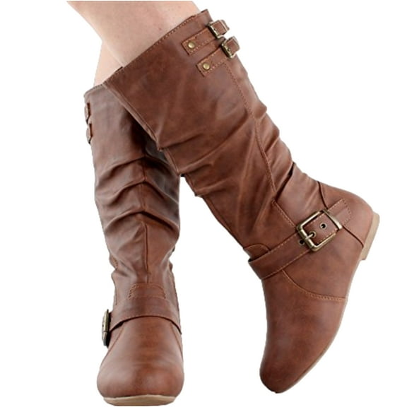 Top Moda Night-76 Women's Slouched Under the Knee Mid-Calf Buckle Flat Boots Tan 7