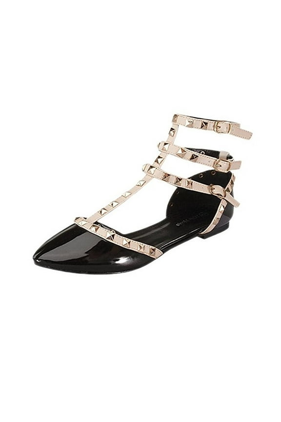Orange-1 Women's Studded Pointed Toe Buckle Strappy Gladiator Punk Flat (7 B(M) US Black/Light Beige