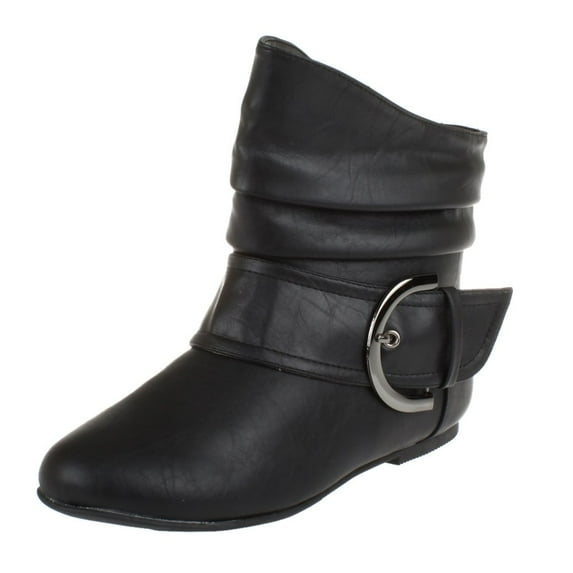 Top Moda Pad-52 Women's Slouch Large Buckle Flat Heel Ankle Boot BLACK PU 7