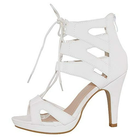 Top Moda Pebble-2 Women's Open Toe Lace Up Cut-Out Heel Platform Gladiator Nubuck Sandals White 9