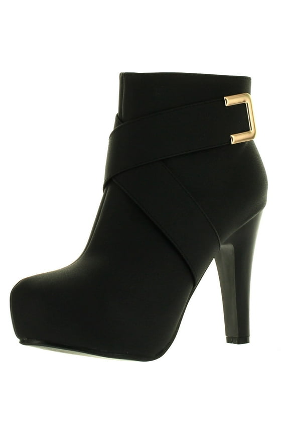 Polish-7 Women's high top ankle golden buckled crossing straps side zip platform high heels booties