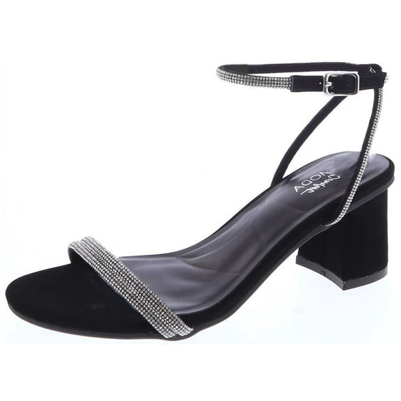 Top Moda Shoes Women Block Short Heels Open Toe Ankle Strap Bling Rhinestone CITY-1 Black Nubuck Suede 7